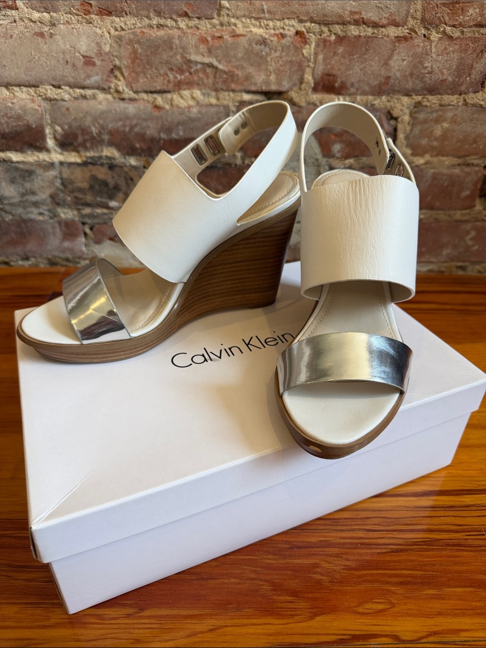 Calvin Klein White and Silver Wedge Sandals with Wood-Look Heel